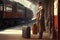 traveler, with suitcase in hand and ticket ready, waiting for train to arrive at vintage station
