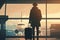 A traveler with a suitcase standing and waiting in an airport terminal before departure, back view.