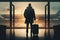 A traveler with a suitcase standing and waiting in an airport terminal before departure, back view.