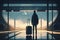 A traveler with a suitcase standing and waiting in an airport terminal before departure, back view.