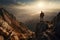 Traveler takes a break at the summit, gazing at the stunning scenery while carrying a backpack