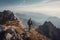 Traveler takes a break at the summit, gazing at the stunning scenery while carrying a backpack