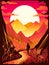 traveler travel in Sunset Mountain Paper cut style for travel concept, Banner and Poster, Generative Ai