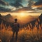 traveler walking on the mountain hill with grass field