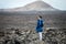 Traveler woman enjoy unique volcanic landscapes of Lanzarote