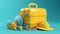 traveler yellow suitcase and accessories on blue background. travel concept. generative AI