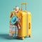 traveler yellow suitcase and accessories on blue background. travel concept. generative AI