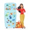 Traveler young pretty woman showing fridge with souvenir famous places magnets flat vector illustration. Travel agency
