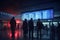 Travelers in airport terminal, bathed in moody lighting, check the flight schedule displays