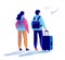 travelers couple with luggage standing together summer vacation time to travel concept