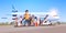 Travelers with luggage standing line queue going to plane passengers climbing the ladder to board aircraft boarding