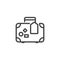 Travelers luggage thin line icon. Bag for journey outline graphic label. Suitcase with stamps contour logo isolated