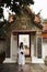 Travelers thai women travel visit and respect praying to buddha God Angel in Wat Khanon temple at Ban Pong city in Ratchaburi,