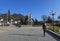 Travelers walking on the sidewalk of the square in front of the Catholic Holy Rosary church in Sapa