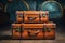 Traveling back Vintage leather suitcases on a 90s concept background