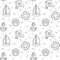 Traveling background. Seamless pattern with sailboat, dolphins, shell, anchor and lifebuoy.