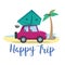Traveling by car with a tent on a wildlife shore with a palm tree. Vector stock illustration symbol, emblem