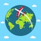 Traveling concept around the world. Banner with Earth globe, flying airplane and mapping pins. Vector.