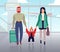 Traveling couple with child. Travel lifestyle of happy love family and kid, vacation of tourists vector concept in