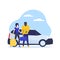 Traveling couple using carsharing app, vector