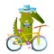 Traveling crocodile tourist with suitcase camera bicycle