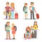 Traveling family children summer holiday tourism vacations vector flat icons