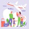 Traveling family of mother, father and kids, flat vector illustration.