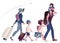 Traveling family with suitcases and backpacks isolated and plane on background
