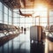 traveling luggage in airport terminal building and jet plane flying over urban scene