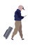 Traveling man with suitcase. Cartoon male character in airport terminal with bag and smartphone. Passenger waiting for