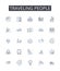 Traveling people line icons collection. Roaming nomads, Wanderlust enthusiasts, Exploring travelers, Adventurous