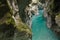 Traveling to wonderful nature in slovenia, canyon with turquoise river in julian alps