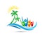 Traveling, travel, Beach happy people logo water wave Hotel tourism holiday summer coconut palm tree vector logo design