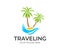 Traveling, travel, beach and palm trees on island with wave, logo template. Journey, recreation and vacation at resort and tropica