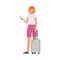 Traveling woman with suitcase and smartphone flat vector illustration isolated.