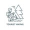 Traveller in forest,tourist hiking, tent vector line icon, linear concept, outline sign, symbol