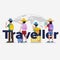 Traveller and friends vacation trip with world map