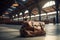 Traveller leather bag, luggage at train station with blurred background. AI generated.
