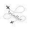 Traveller logo concept. Lettering traveler, with flying airplanes around the inscription. Flying plane along route