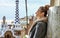 Traveller woman at Guell Park in Barcelona, Spain in winter