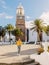 Traveller woman with the old architecture of city of Teguise in Lanzarote