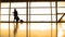 Travellers - aircraft commander with coffee to go going in airport in front of window, silhouette, warm