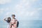 travellers couple wearing summer hat and sunglasses during vacat