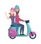 Travellers on scooter. Happy tourists riding motorbike. Isolated flat man woman in helmets vector illustration