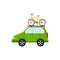 Travelling by car. A car with bicycle. Family hobby. Bicycles attached to top of green automobile. Flat style Vector Illustration