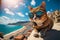 Travelling cat in sunglasses sunbathing on pier in Brazil