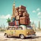 travelling concept, suitcase, beach, sea, palm trees, minivan, dreams, vacation concept, ai generated