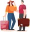 Travelling couple going to go on vacation. People travelers, tourists with travel bag and suitcase