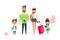 Travelling family people waiting for airplane or train. Cartoon dad, mom and child traveling together. Young cartoon