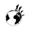 Travelling family silhouettes spinning Planet Earth icon. Man, woman, kids. Simple Flat monochrome icon